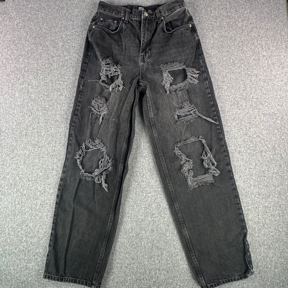 BDG Jeans Womens 29 High-Rise Baggy Washed Black Heavy Distressed‎ Urban Outfit